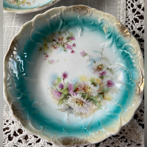 Antique Bavaria Style Floral Plates Aqua Gold Rim Set of 2 Victorian Porcelain - Picture 2 of 9